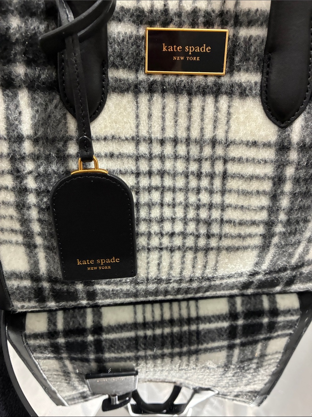kate spade Black and White Plaid Tote EUC & accessories - Picture 4 of 9